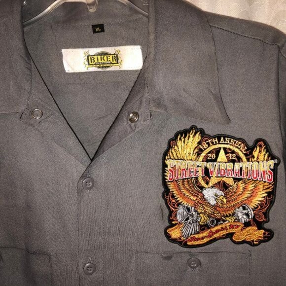 Biker st vibration button up gray biker collar shirt patch eagle 2012 18th READ - Picture 4 of 5
